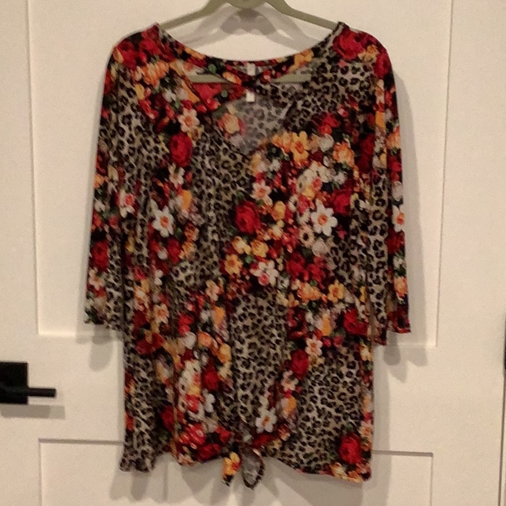 Women’s Floral & Leopard Print Tie-Front Top - Red Multi